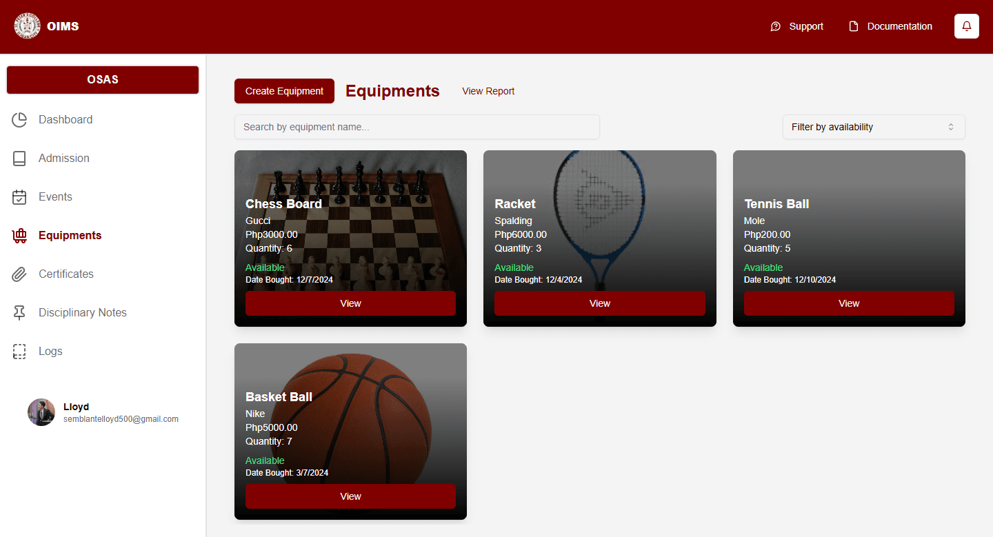 OIMS (OSAS Information Management System) screenshot